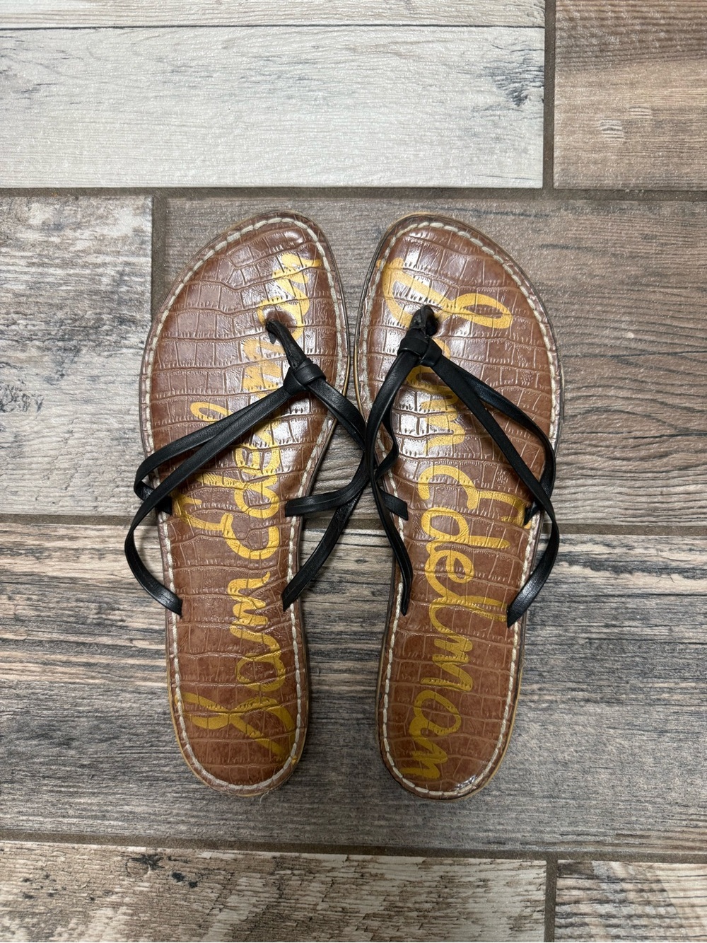 Sam Edelman Black Leather Strappy Thong Sandals with Brown Faux-Croc Footbed